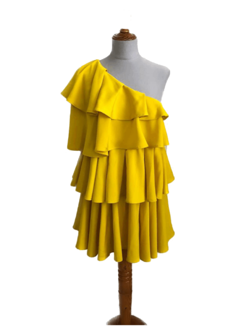 Alquiler vestido amarillo corto asimétrico volantes