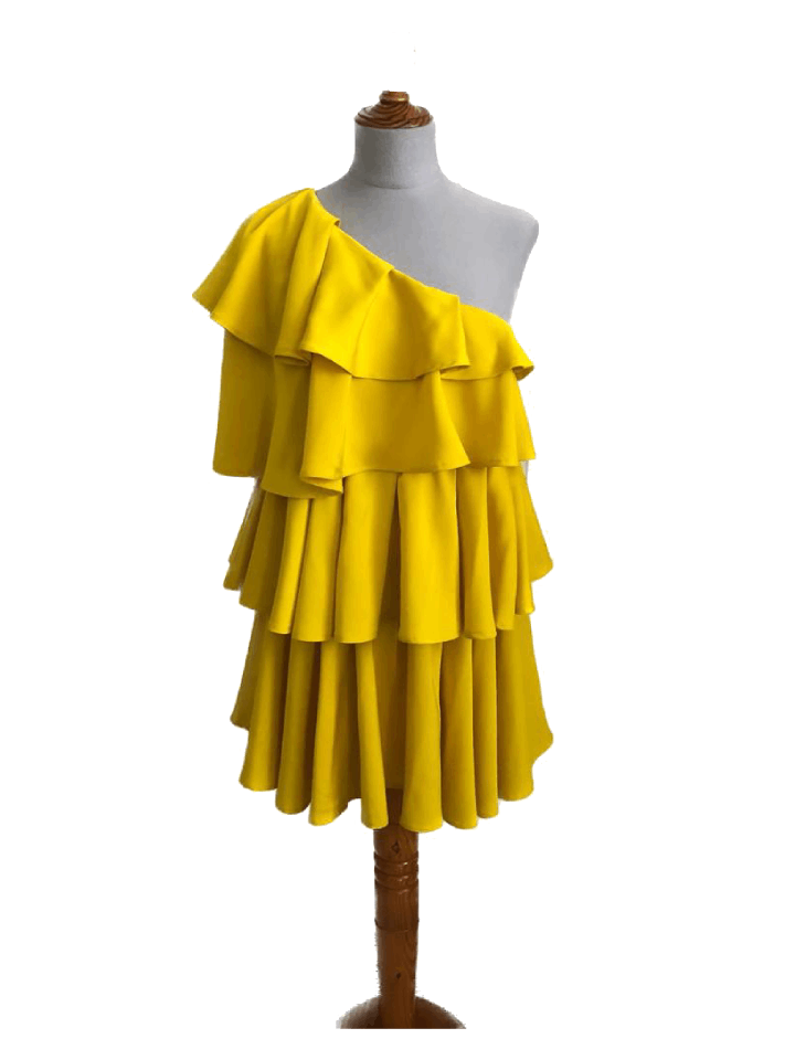 Alquilar vestido amarillo corto asimétrico volantes