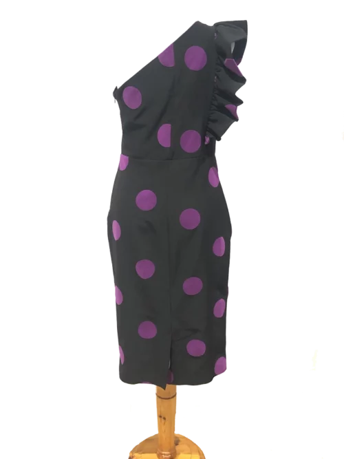 parte trasera vestido midi negro topos violetas